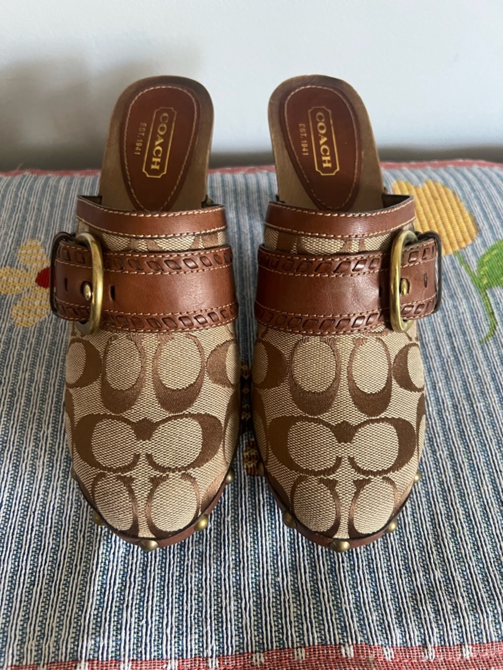 Coach Tan and Brown Signature Clog Mules with Brass Buckle 7.5